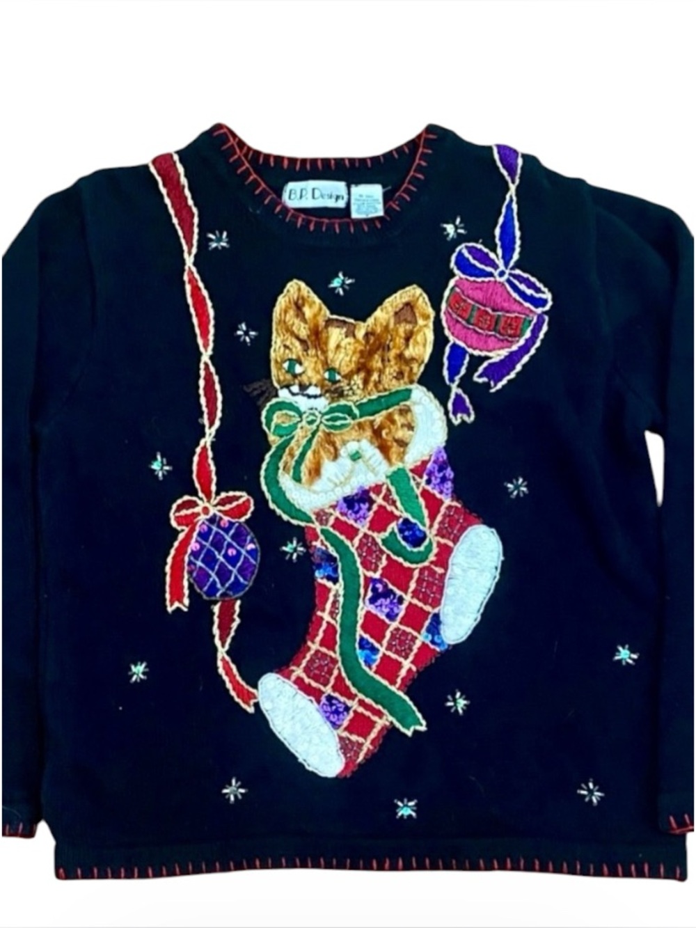 Vintage B.P. Designs Cat Christmas Sweater Sequin Embroidered Small